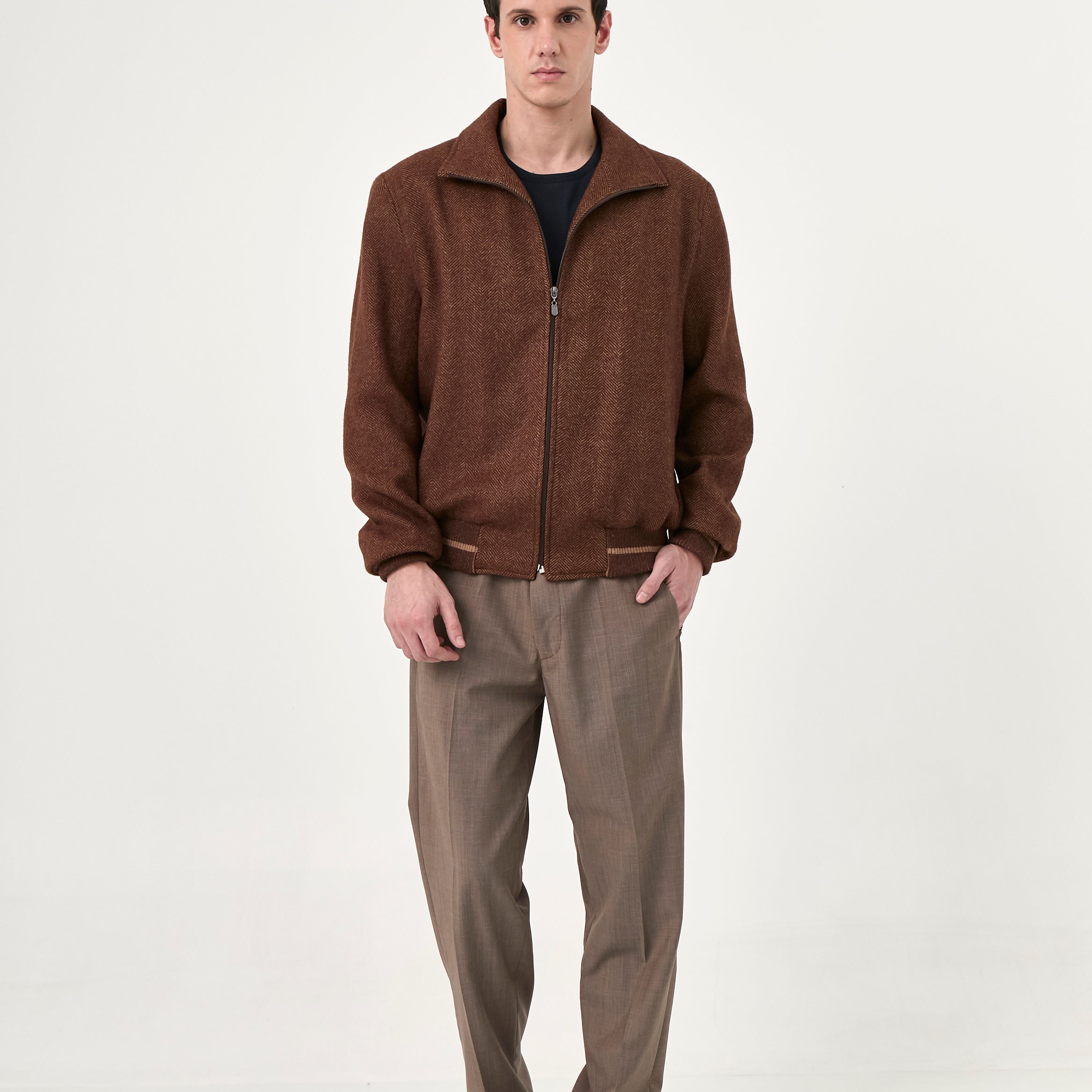 Bomber Tom – Camel Herringbone Baby Alpaca
