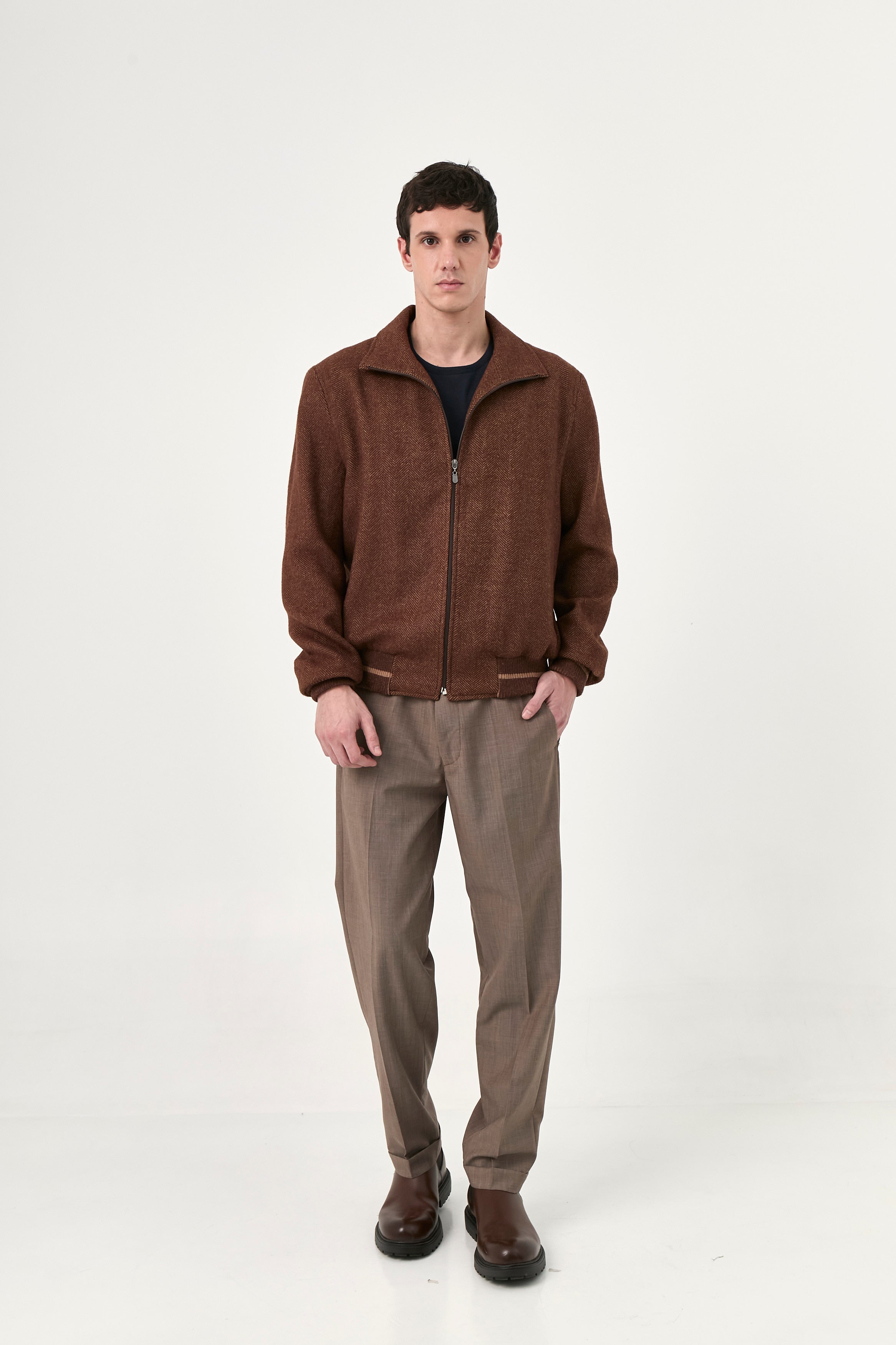 Bomber Tom – Camel Herringbone Baby Alpaca