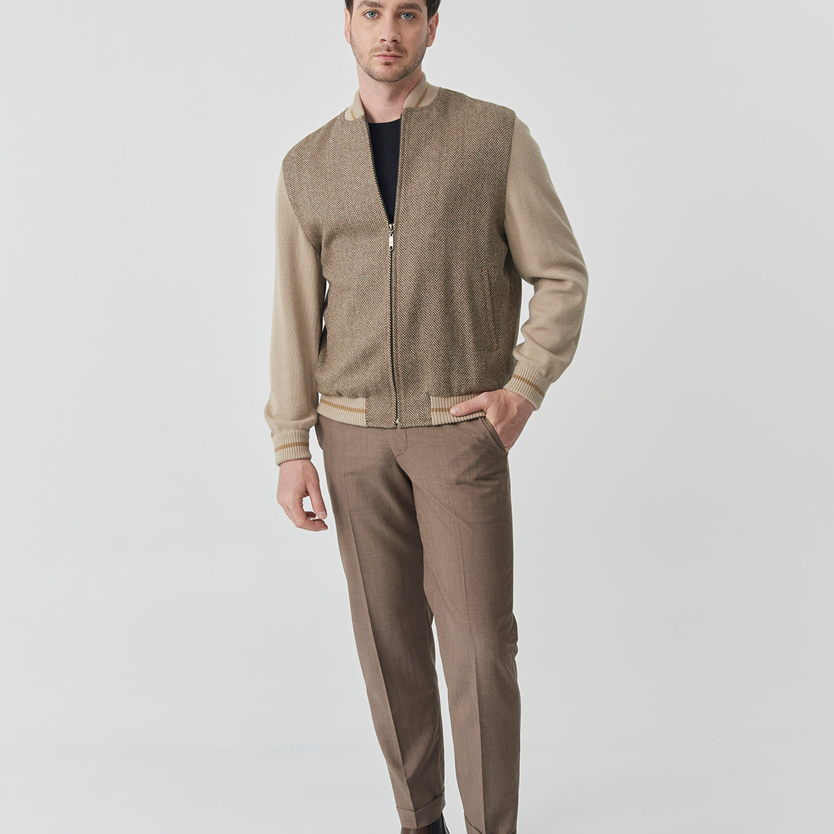 Bomber Sam Knitted Sleeves – Camel Herringbone Tweed
