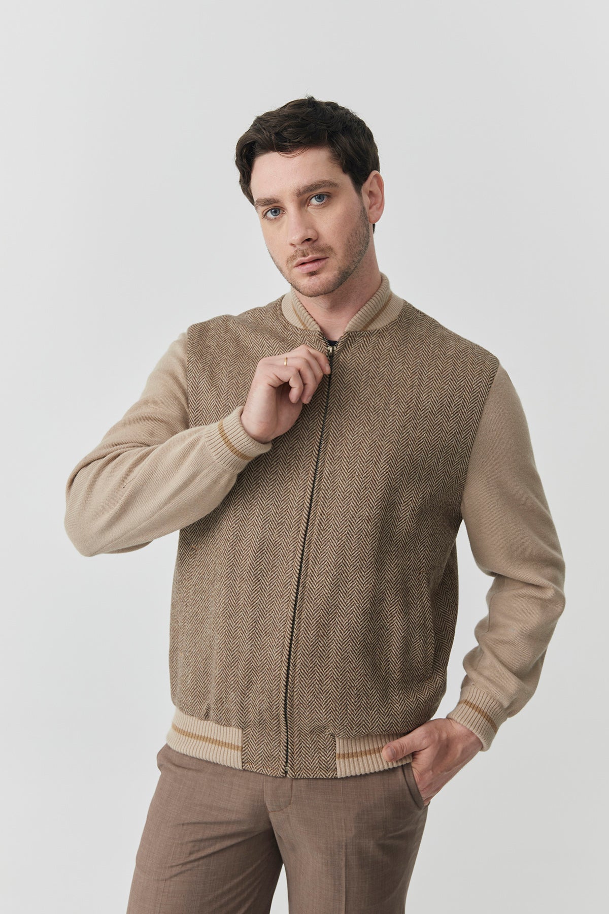 Bomber Sam Knitted Sleeves – Camel Herringbone Tweed