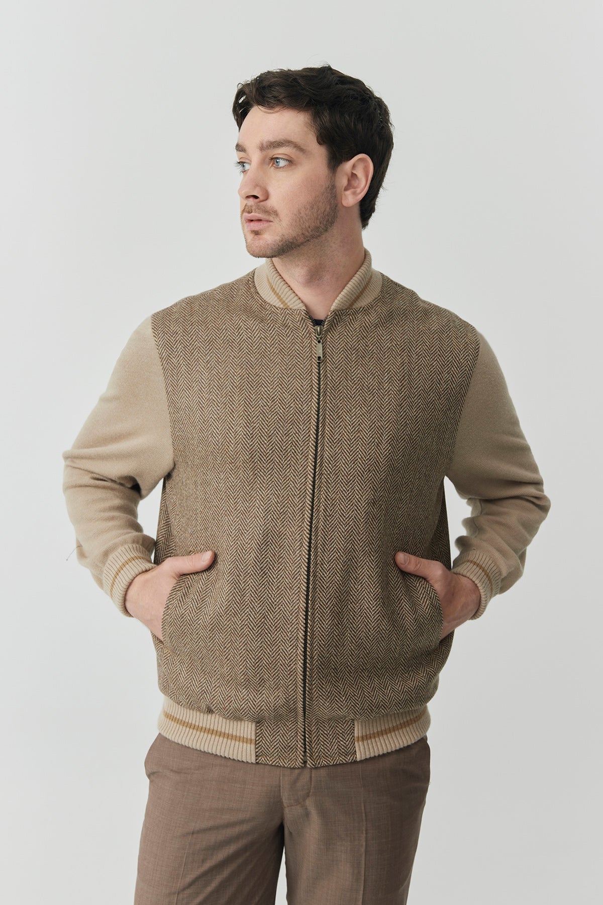 Bomber Sam Knitted Sleeves – Camel Herringbone Tweed