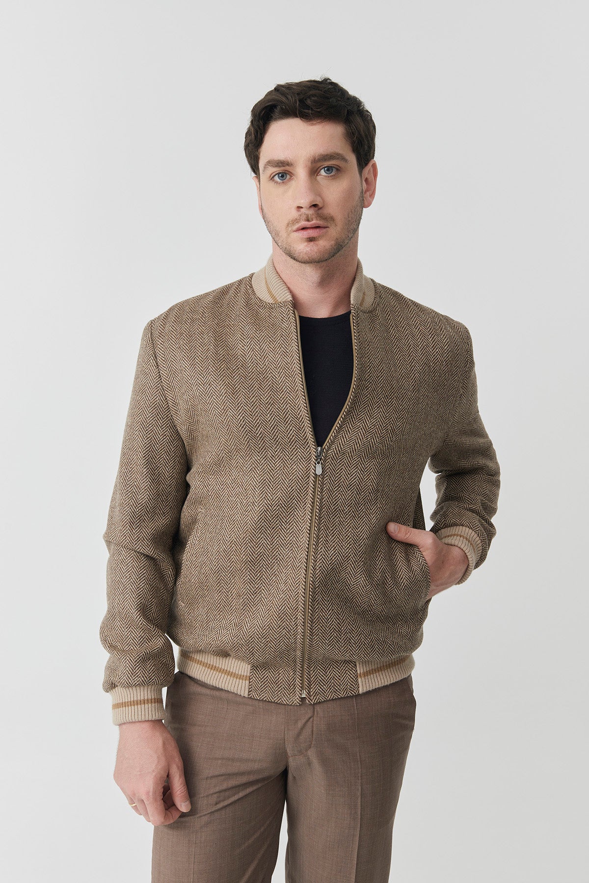 Bomber Sam – Blue Herringbone Tweed