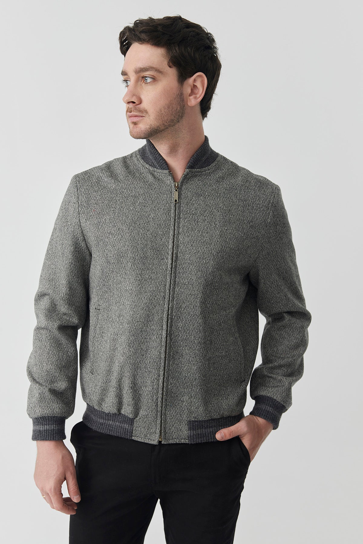 Bomber Sam – Blue Herringbone Tweed