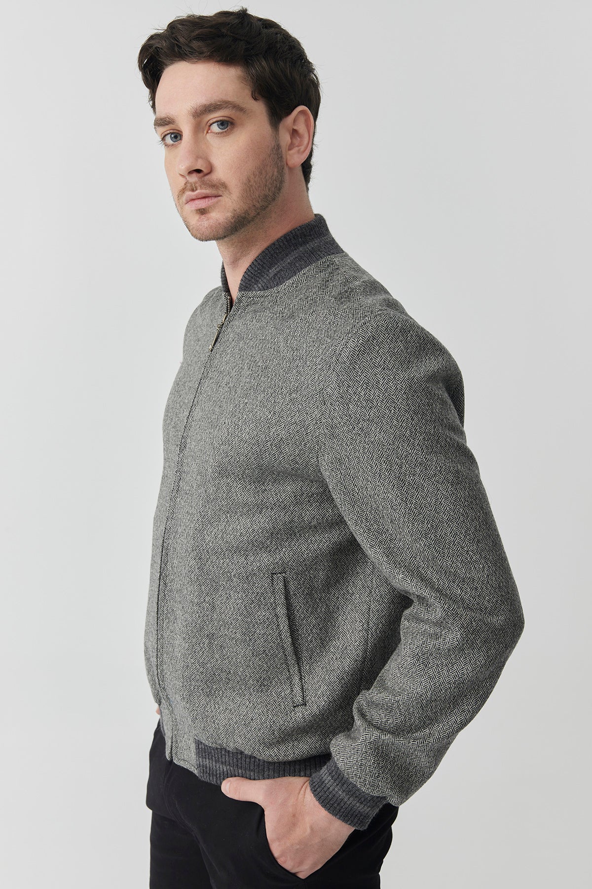 Bomber Sam – Blue Herringbone Tweed