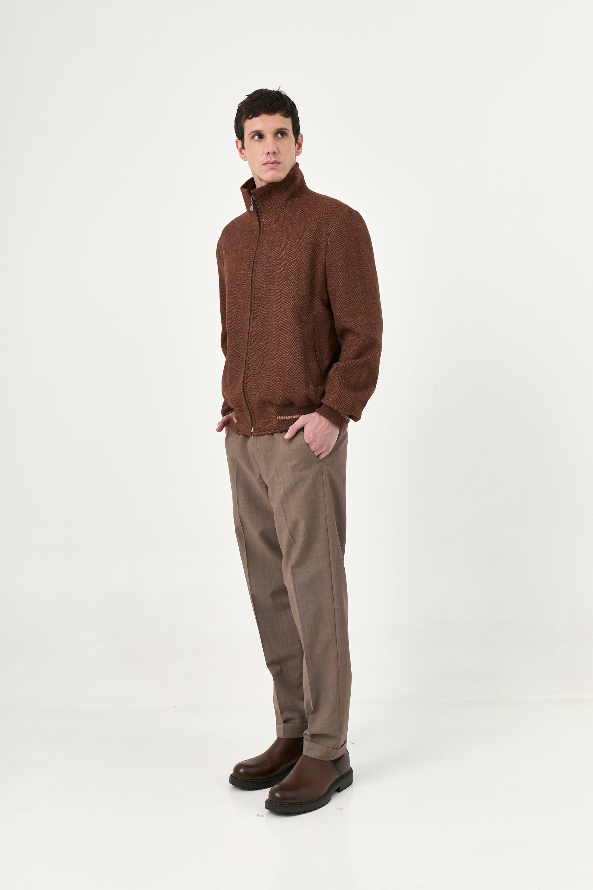 Bomber Tom – Camel Herringbone Baby Alpaca
