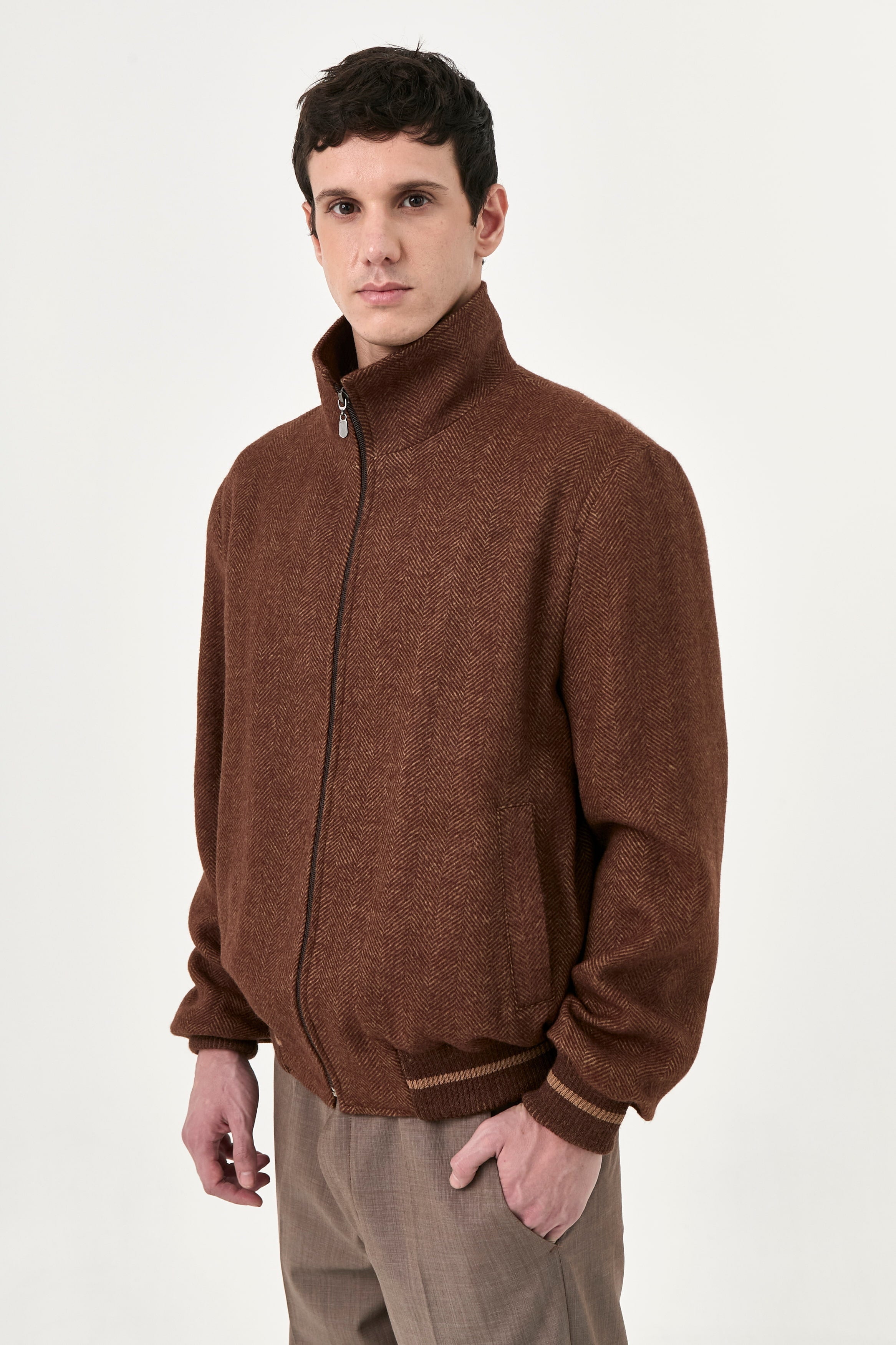 Bomber Tom – Camel Herringbone Baby Alpaca