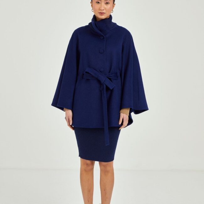 Knitted-collar blue alpaca cape