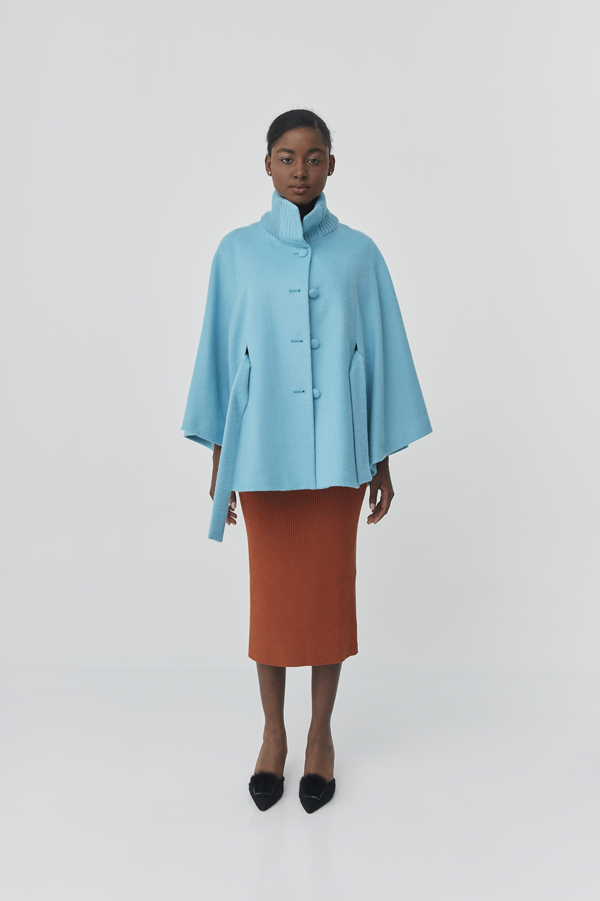 Baby alpaca cape with knitted detail | Sky-blue Amaya Cape