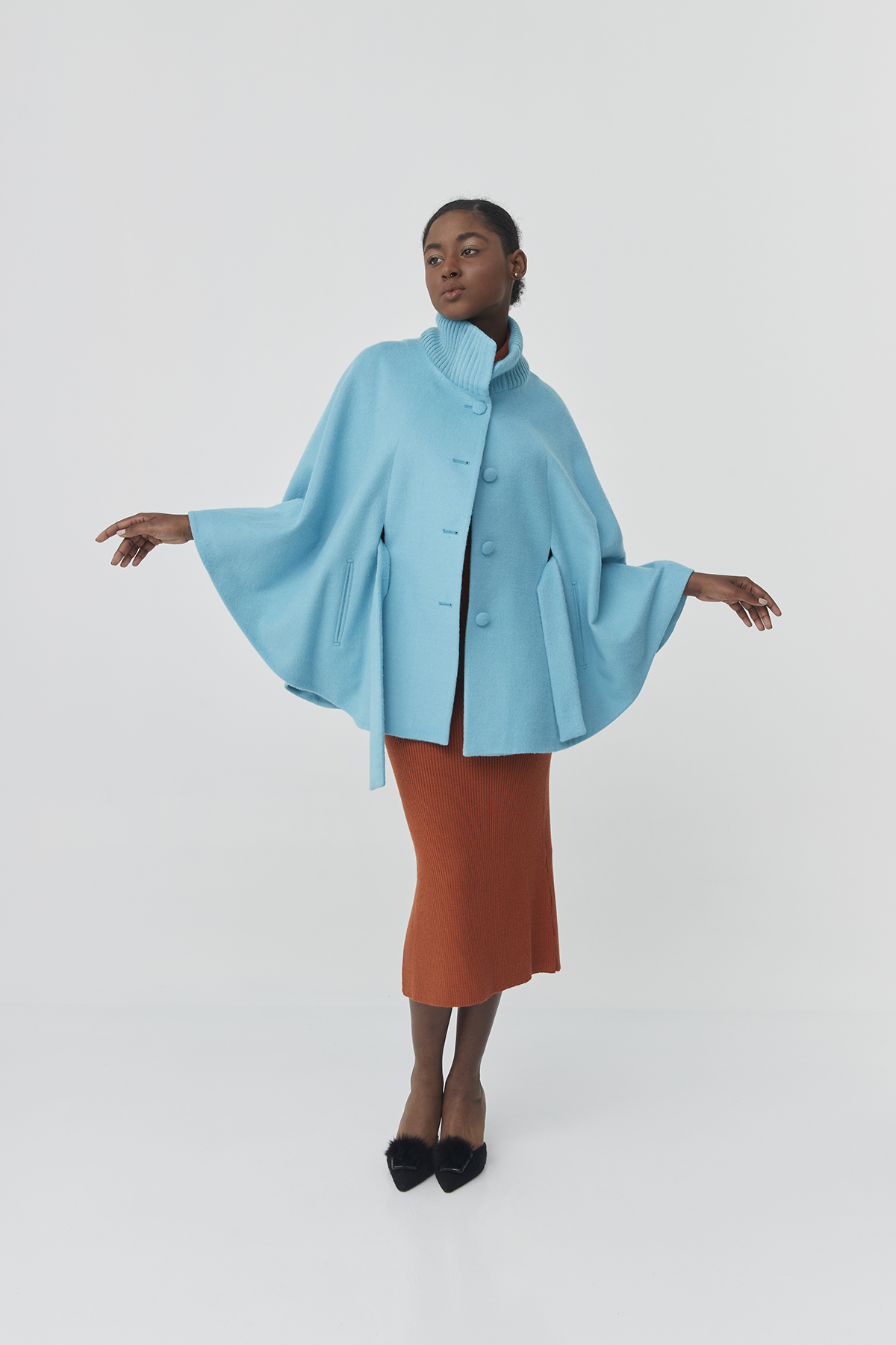 Baby alpaca cape with knitted detail | Sky-blue Amaya Cape - Image 3