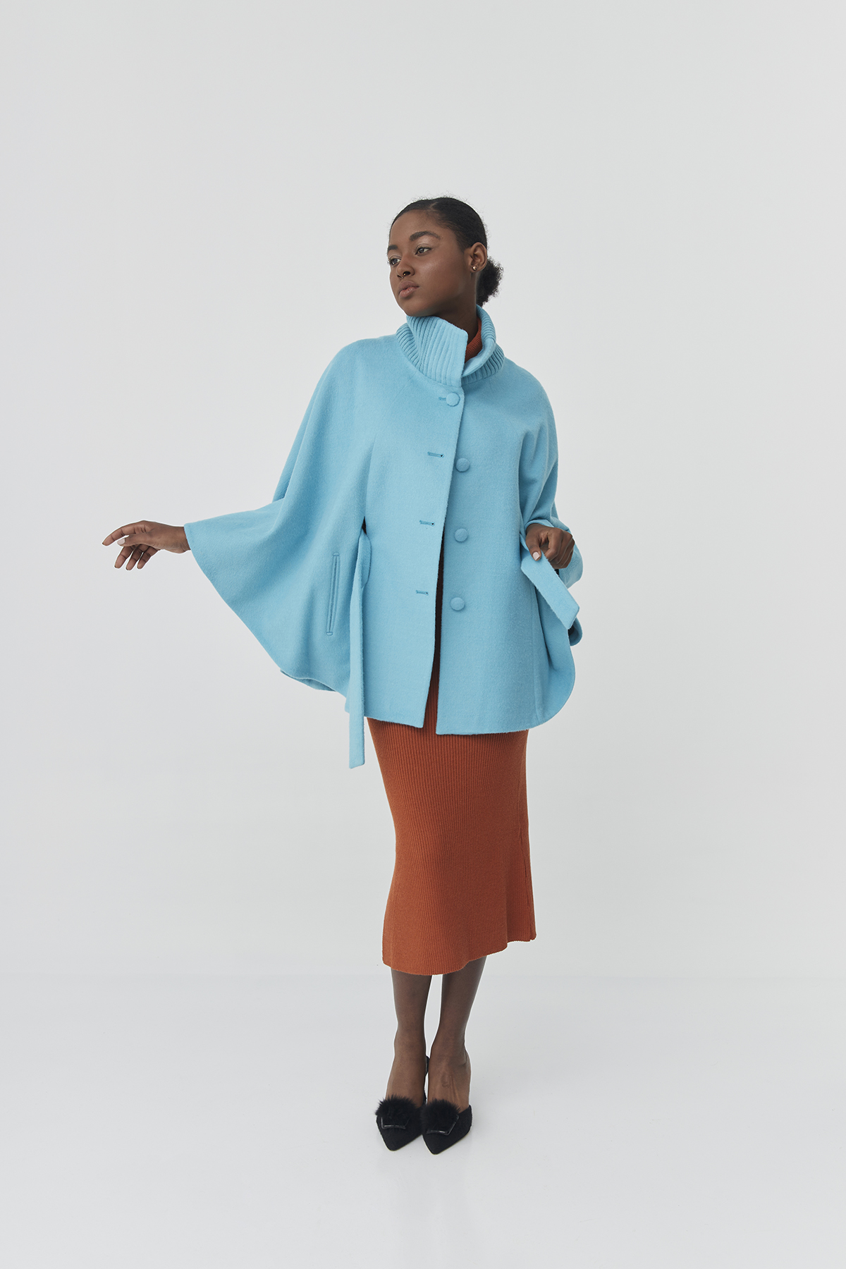 Baby alpaca cape with knitted detail | Sky-blue Amaya Cape - Image 4